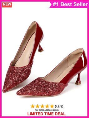 Women's Kitten Heel 2 Inch Sequin Pointed Toe Faux Leather Pumps Slip On Dress